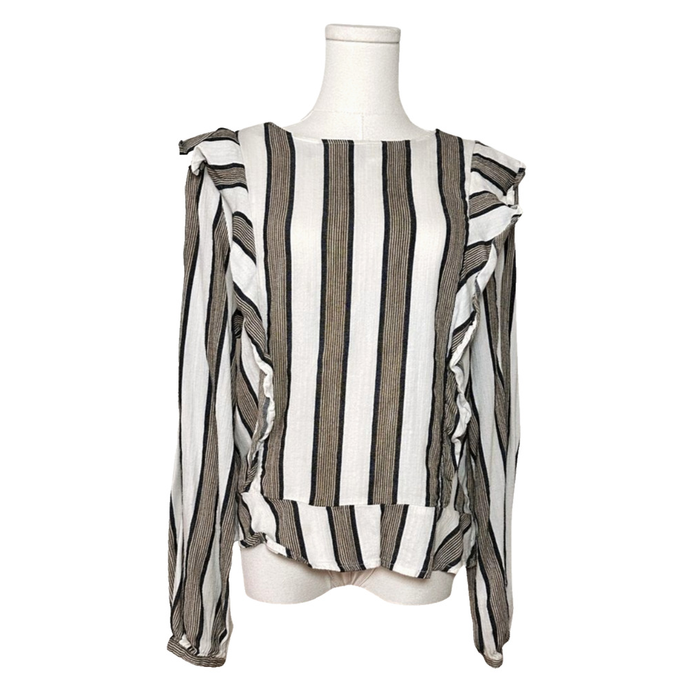 Isabella Sinclair Striped Ruffled Gauzy Long Sleeved Tie Neck Top Medium